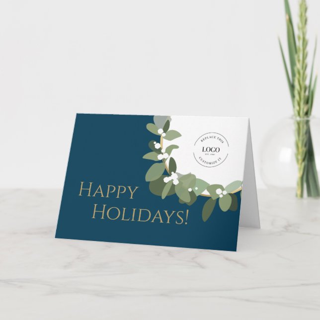 Happy Holidays Gold Blue Modern Wreath Your Logo  Holiday Card (Front)