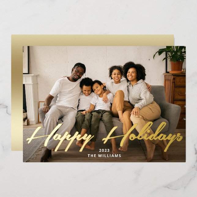 Happy Holidays Gold Brush Script Photo Real Foil Holiday Card (Front/Back)