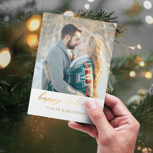 happy holidays gold calligraphy newlyweds photo note card (Creator Uploaded)