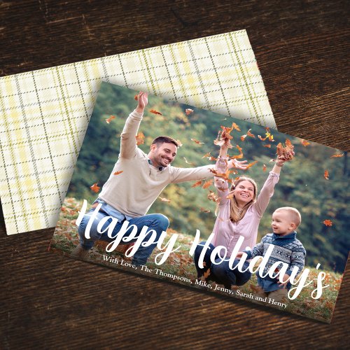 Happy Holidays Gold Calligraphy Winter Plaid  Holiday Card
