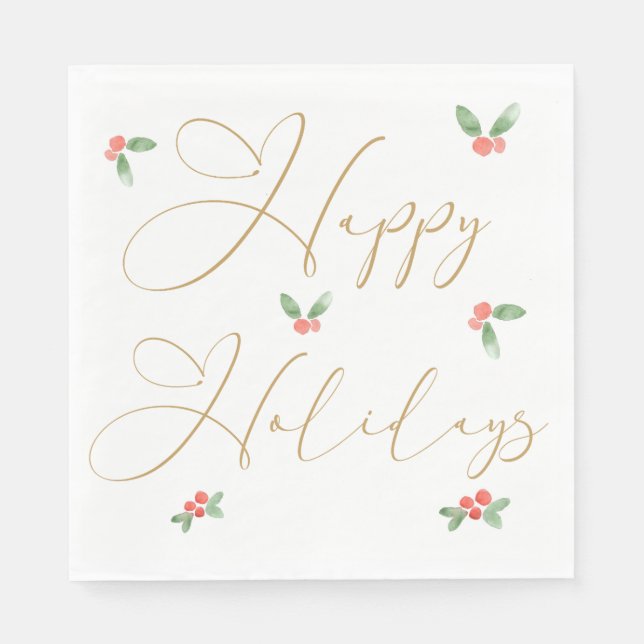 Happy Holidays Gold Calligraphy with Holly Sprigs Napkins (Front)