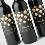 Happy Holidays Gold Christmas Ornaments Black<br><div class="desc">Happy Holidays and your names accented by elegant gold and white Christmas tree ornaments on a black background. Personalize these wine bottle labels to give as gifts or to serve at your holiday dinner party,  corporate Christmas party,  holiday wedding engagement party and more. MATCHING items in our collection.</div>