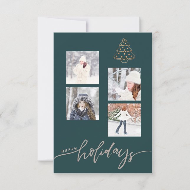 Happy Holidays Gold Christmas Tree Photo Collage Card (Front)