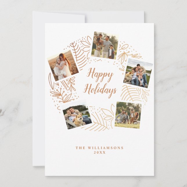 Happy Holidays Gold Christmas Wreath Photo Collage Holiday Card (Front)