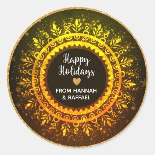 Happy holidays Gold circle names Classic Round Sticker