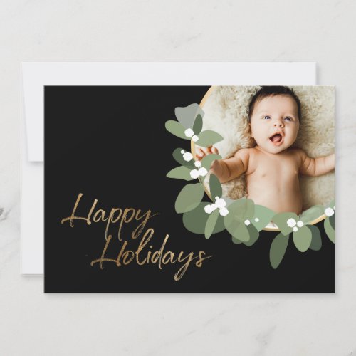 Happy Holidays Gold Custom Photo Modern wreath Holiday Card