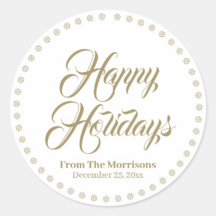 Happy Holidays gold custom script name cute favor Classic Round Sticker