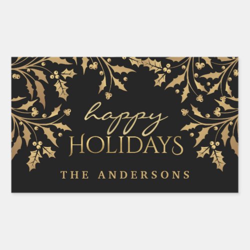 Happy Holidays Gold Faux Foil Holly Branches Rectangular Sticker