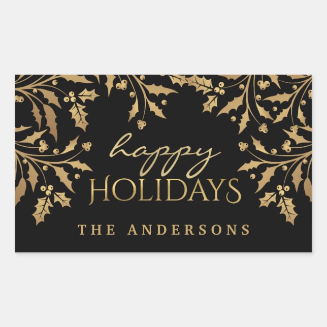 Happy Holidays Gold Faux Foil Holly Branches Rectangular Sticker (Front)