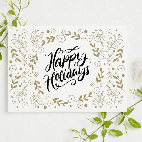 Happy Holidays Gold Floral with Branches  Blooms Holiday Card