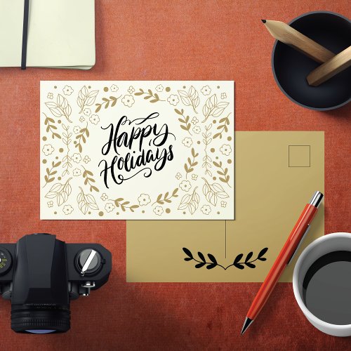 Happy Holidays Gold Floral with Branches  Blooms Holiday Postcard