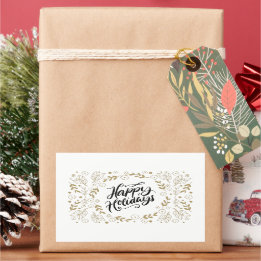 Happy Holidays Gold Floral with Branches & Blooms Rectangular Sticker