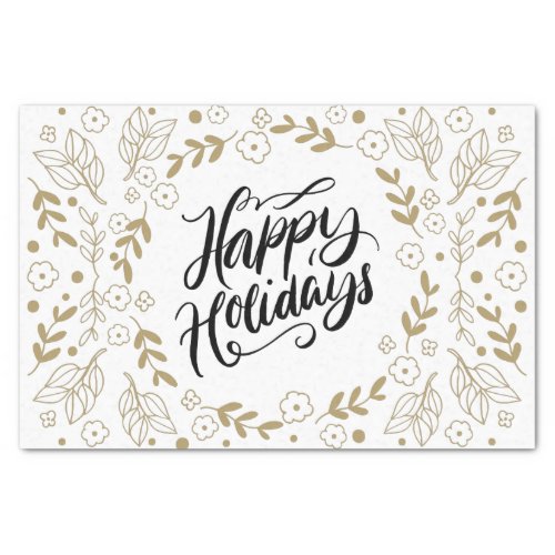 Happy Holidays Gold Floral with Branches  Blooms Tissue Paper