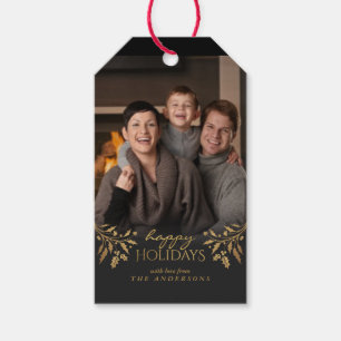 Happy Holidays Gold Foil Christmas Holly Photo Tag
