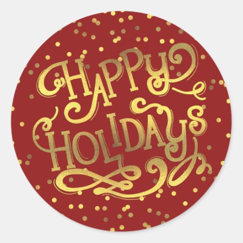 Happy Holidays Gold Foil Confetti Red Classic Round Sticker