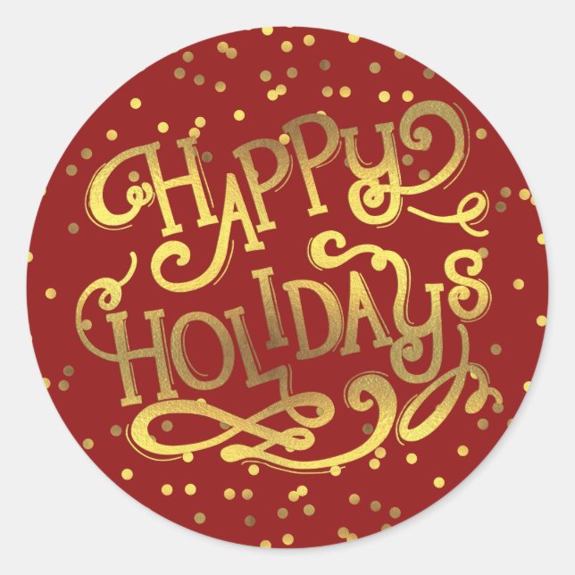 Happy Holidays Gold Foil Confetti Red Classic Round Sticker (Front)