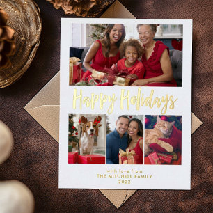 Happy Holidays Gold Foil Multi Photo Grid Holiday Postcard