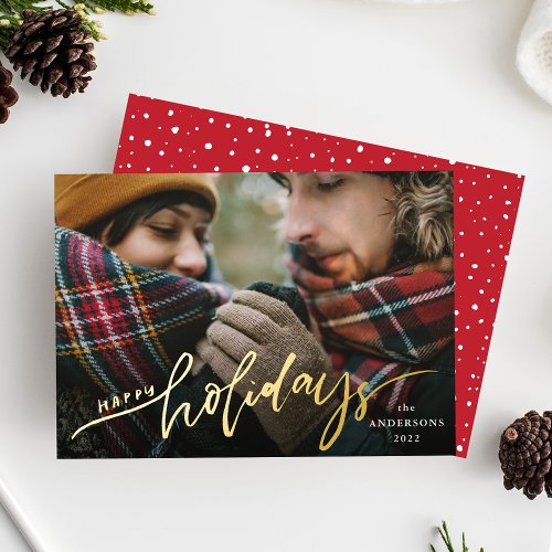 Happy Holidays Gold Foil Script Holiday Photo Card