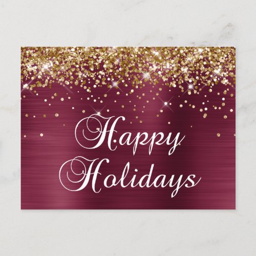 Happy Holidays Gold Glitter Burgundy Red Foil Holiday Postcard
