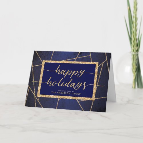 Happy Holidays Gold Glitter Dark Blue Business Holiday Card