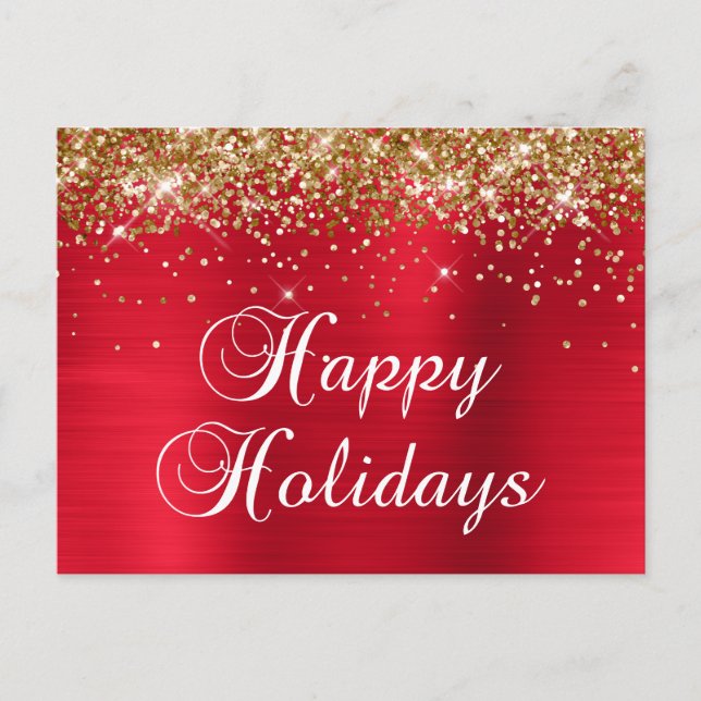 Happy Holidays Gold Glitter Red Foil Holiday Postcard (Front)