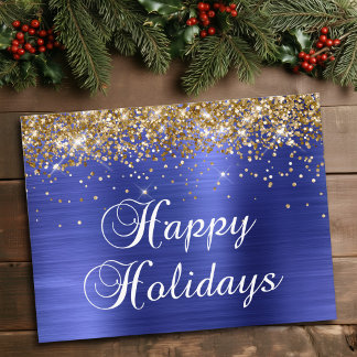 Happy Holidays Gold Glittery Faux Blue Foil Holiday Postcard