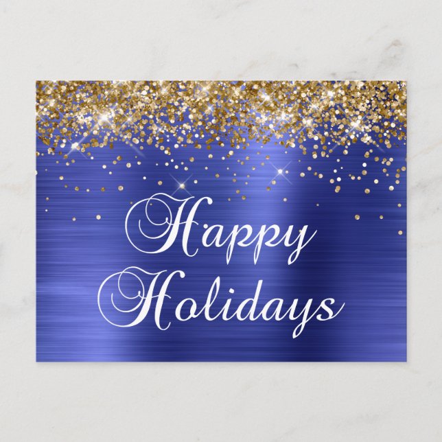 Happy Holidays Gold Glittery Faux Blue Foil Holiday Postcard (Front)