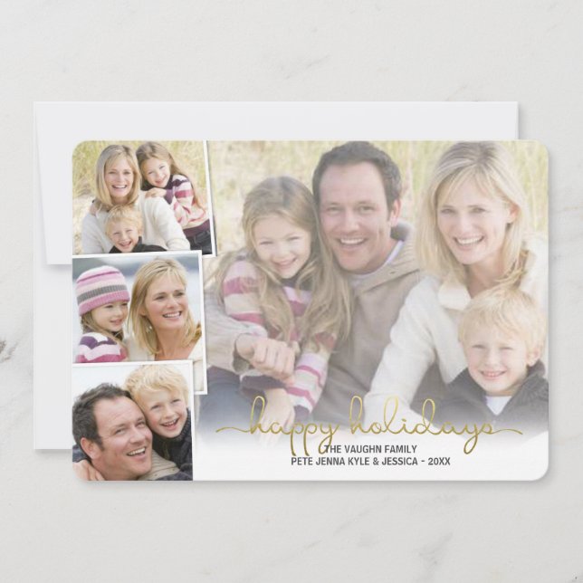 Happy Holidays Gold Hand Lettered Photo Collage Holiday Card (Front)