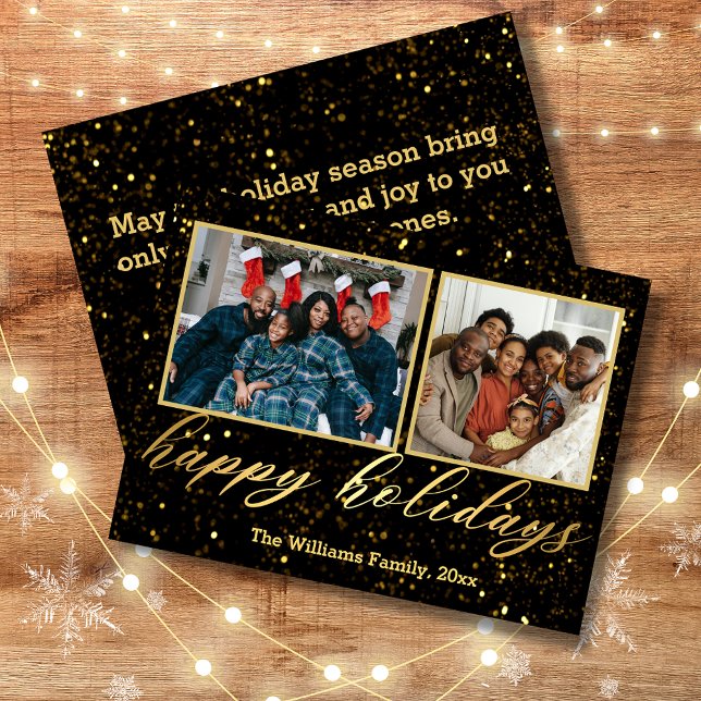 happy holidays gold handwriting 2 photo collage  note card (Creator Uploaded)
