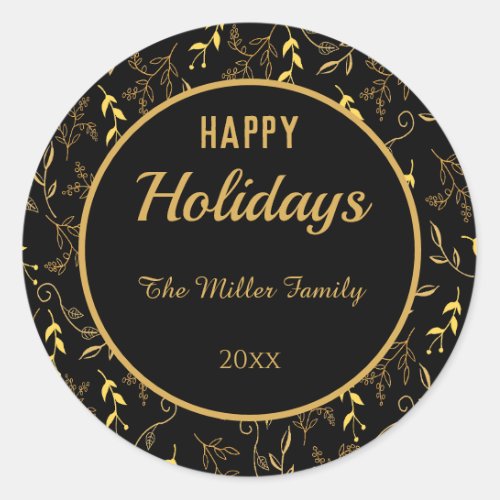 Happy Holidays Gold Leaves on Black Classic Round Sticker