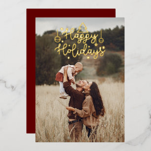 Happy Holidays Gold Lettering Christmas Photo Foil Holiday Card