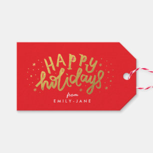 Happy Holidays Gold Lettering Red Christmas Gift Tags