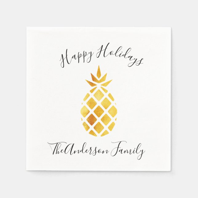 Happy Holidays gold pineapple white name Napkins (Front)
