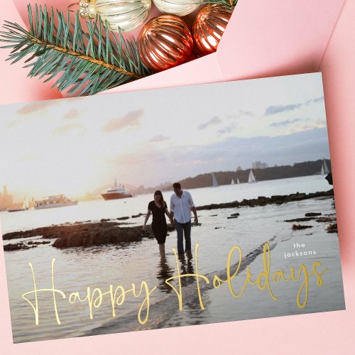 Happy Holidays Gold Pressed Hand Written Photo Foil Holiday Card