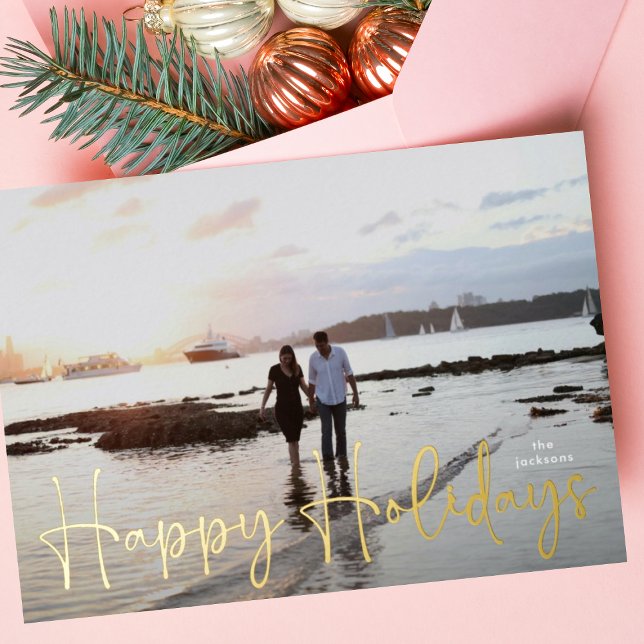 Happy Holidays Gold Pressed Hand Written Photo Foil Holiday Card (Creator Uploaded)