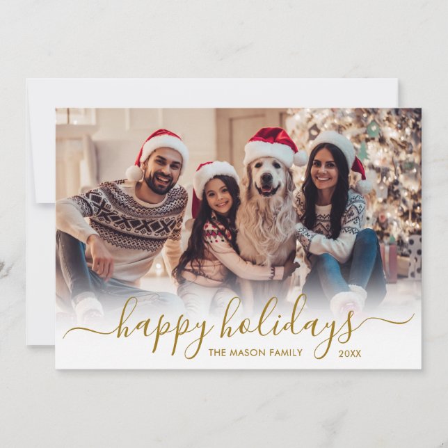 Happy Holidays Gold Script 2 Photo Christmas Holiday Card (Front)