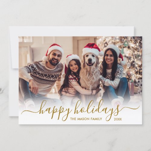 Happy Holidays Gold Script 2 Photo Christmas Holiday Card