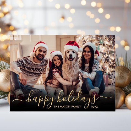 Happy Holidays Gold Script 2 Photo Christmas Holiday Card