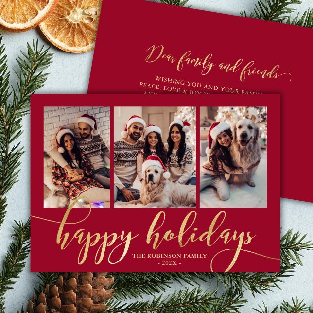 Happy Holidays Gold Script 3 Photo Collage Red  Holiday Card (Creator Uploaded)