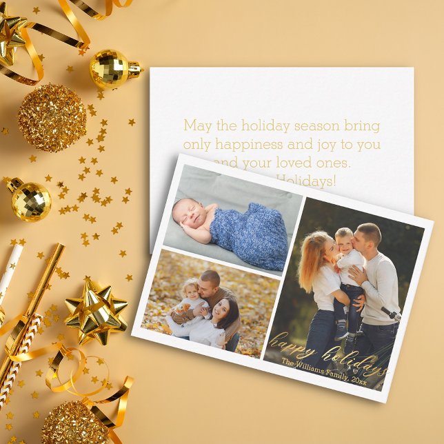 happy holidays gold script  3 photos collage  note card (Creator Uploaded)