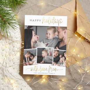 Happy Holidays   Gold Script & 4 Photos Christmas Holiday Card
