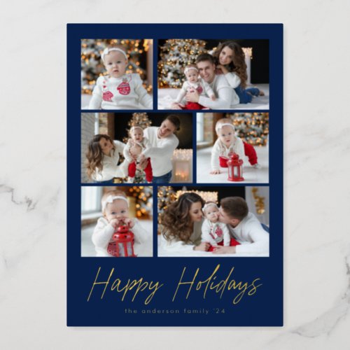 Happy Holidays Gold Script 6 Photo Collage Foil Holiday Card