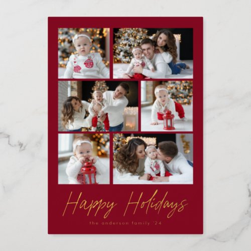 Happy Holidays Gold Script 6 Photo Collage Foil Holiday Card