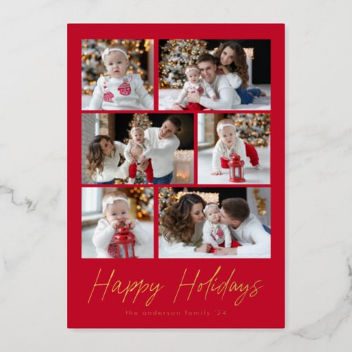 Happy Holidays Gold Script 6 Photo Collage Foil Holiday Card