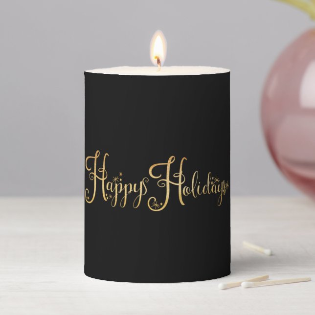 Happy Holidays Gold Script Black Elegant Chic Pillar Candle (In Situ)