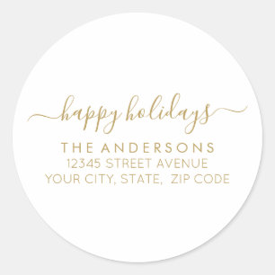 Happy Holidays Gold Script Calligraphy Address Classic Round Sticker