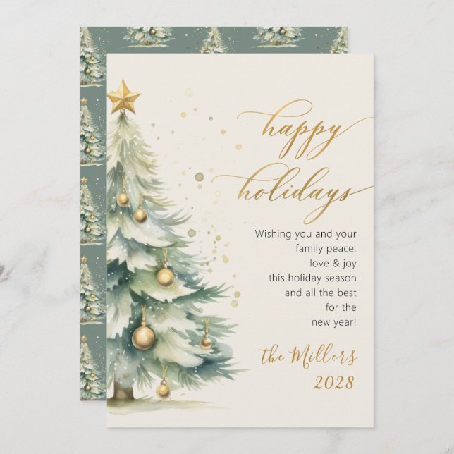 Happy Holidays Gold Script Christmas Tree Holiday Card (Front/Back)