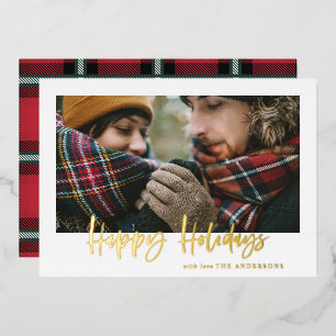Happy holidays gold script red tartan christmas  foil holiday card