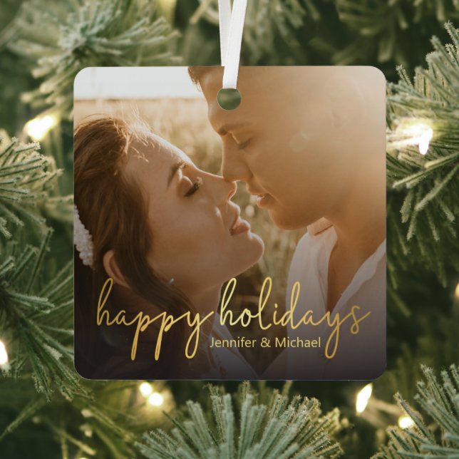 happy holidays gold script wedding photo  metal ornament (Insitu)