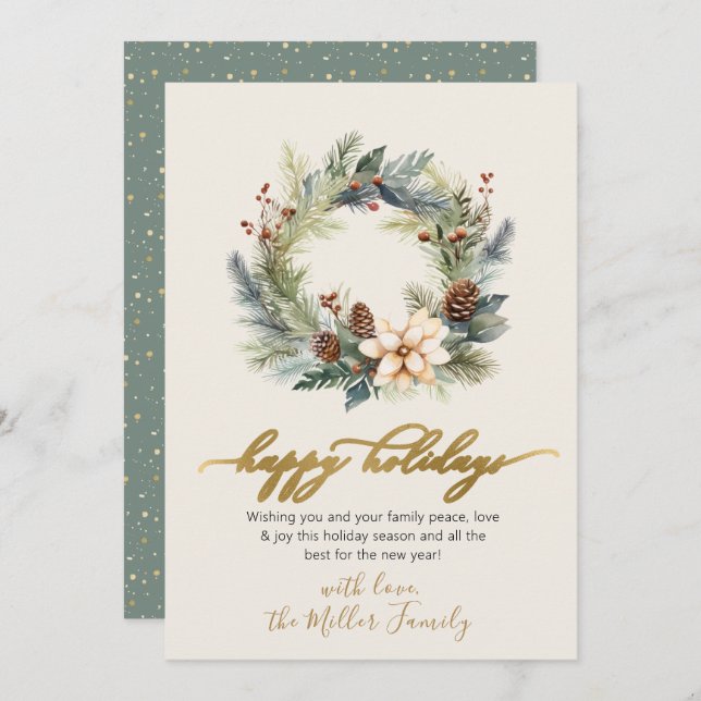 Happy Holidays Gold Script Wreath Greenery Card (Front/Back)